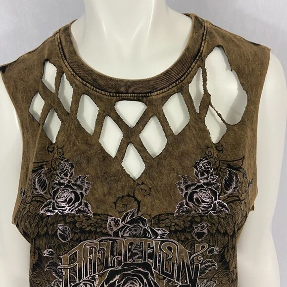 Affliction Women's Sleeveless Tank Top Wings & Roses Size L Distressed NWOT - Picture 2 of 8